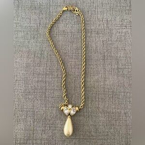 Vintage Christian Dior Marquise Rhinestone Pearl Drop Dangle Gold Chain Necklace
